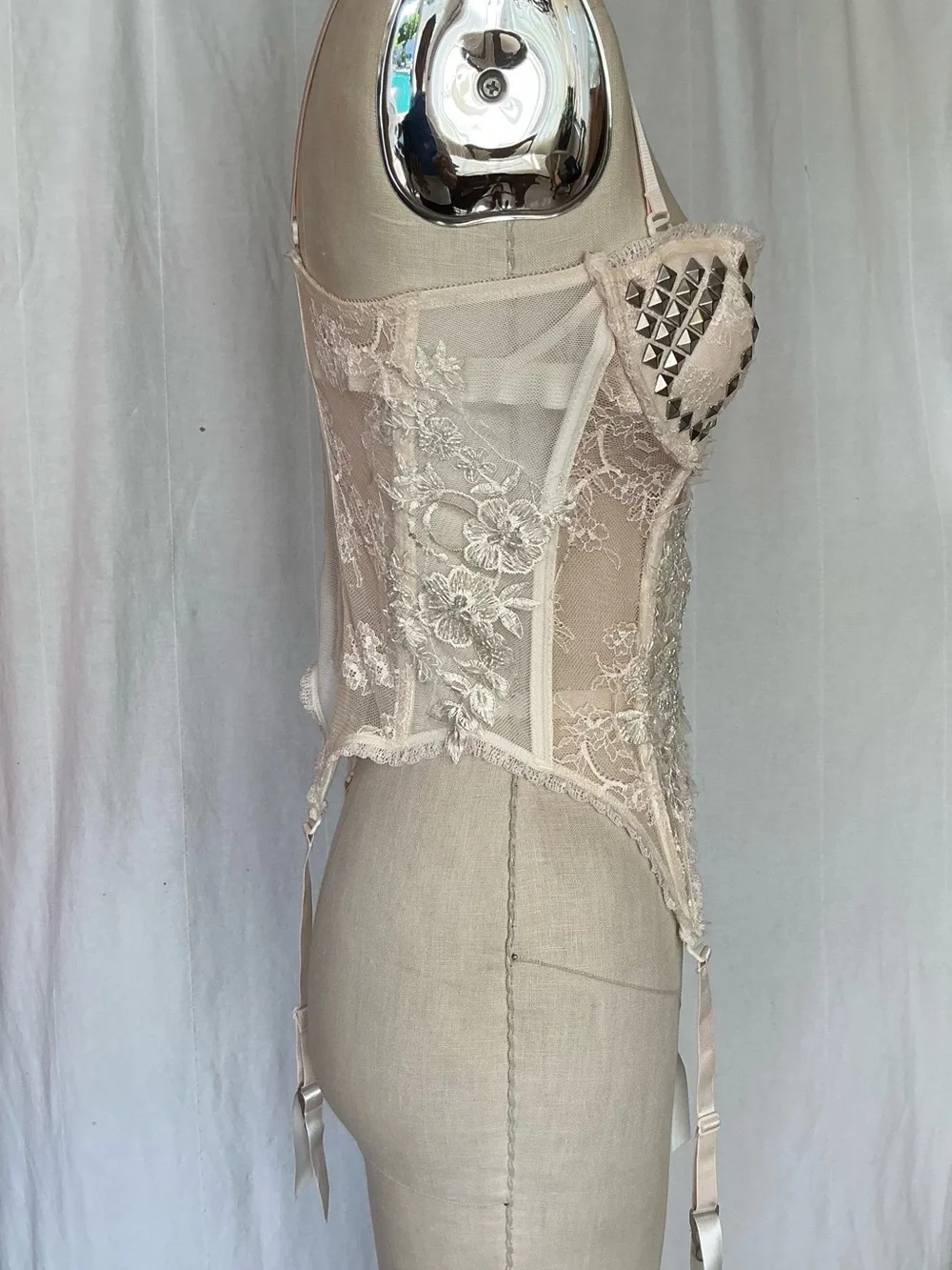 Customized Vintage Studded Lace Bustier Corset in Cream Color